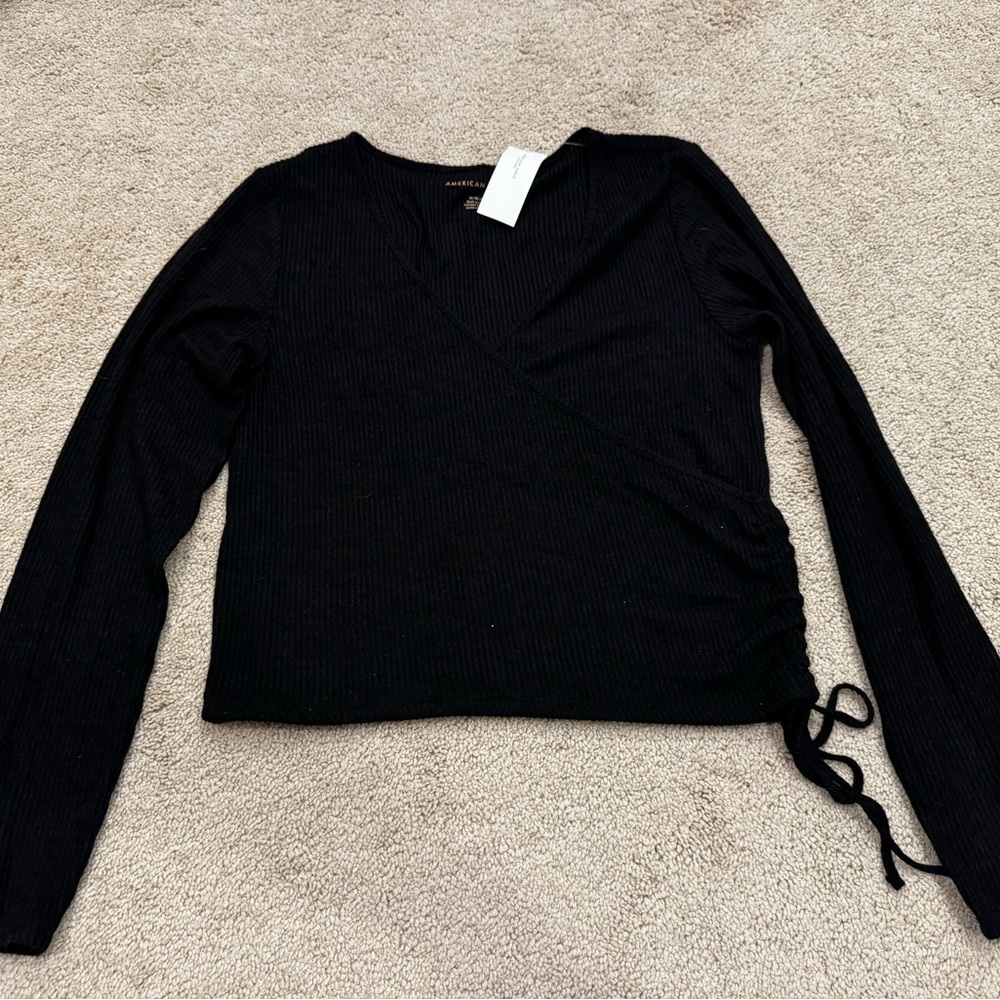NWT American Eagle Womens Long Sleeve Wrap Shirt Side Tie Ribbed Black Sz Medium